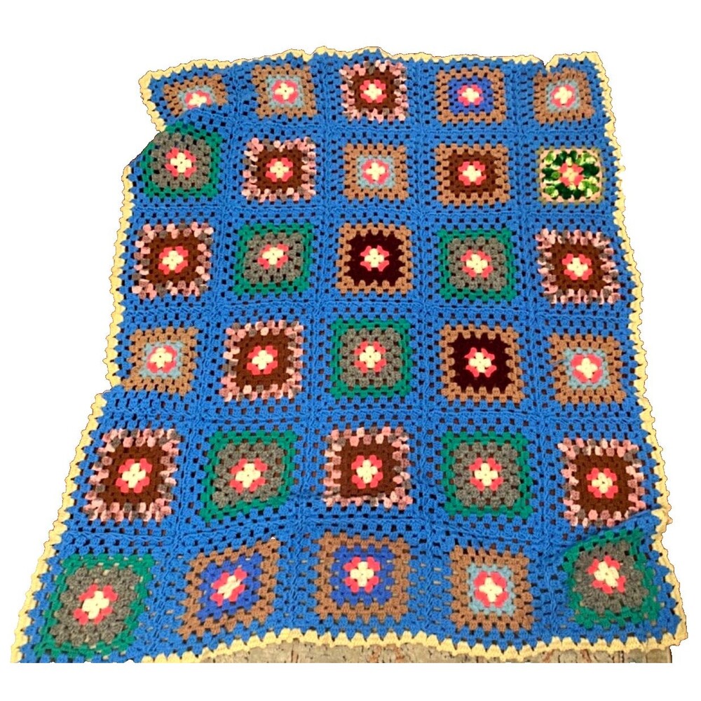 Hand Crocheted Granny Square Blanket Afghan Throw 49 X 59 30 Squares CottageCore